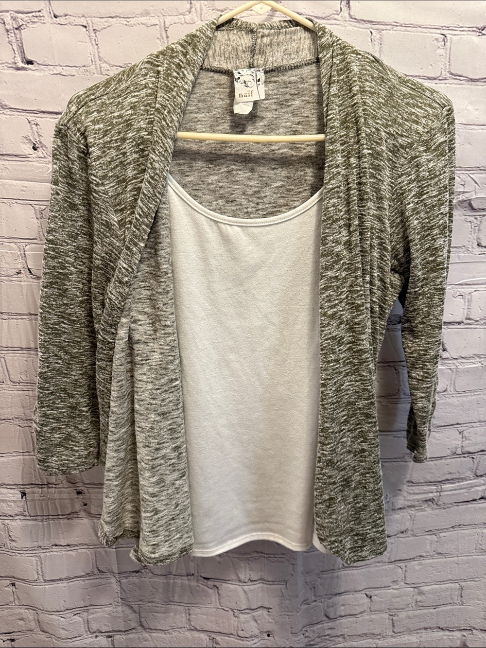NAIF Olive Heathered Open Cardigan with White Tank